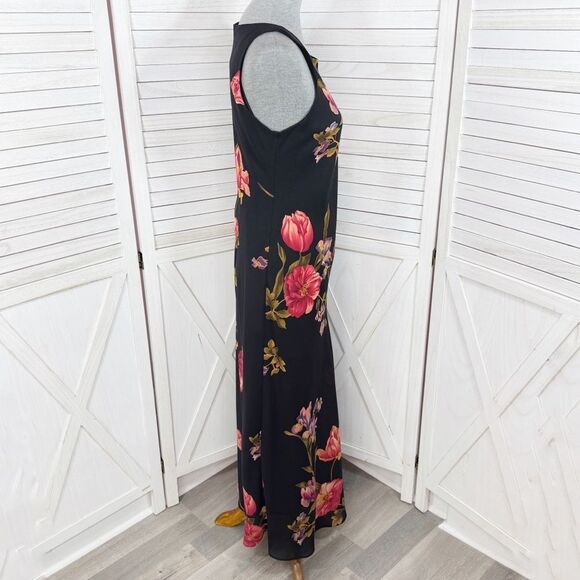 Vintage 90s Positive Attitude Floral Maxi Slip Dress Black Medium Glam Grunge - Picture 3 of 11